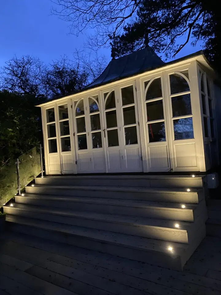 Decking light project in Exeter at nightime by Grover Electrical.